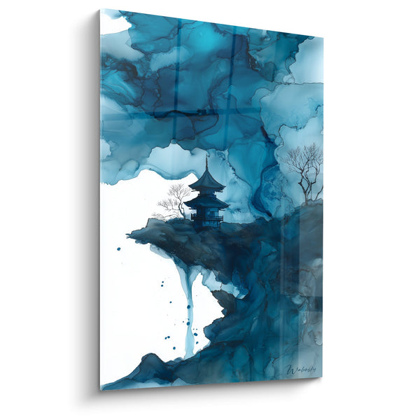 Pagodetabel in Blauwe Aquarel Nebels en Kaalstaande Bomen - Oosters Mysterie - Pagode Editie