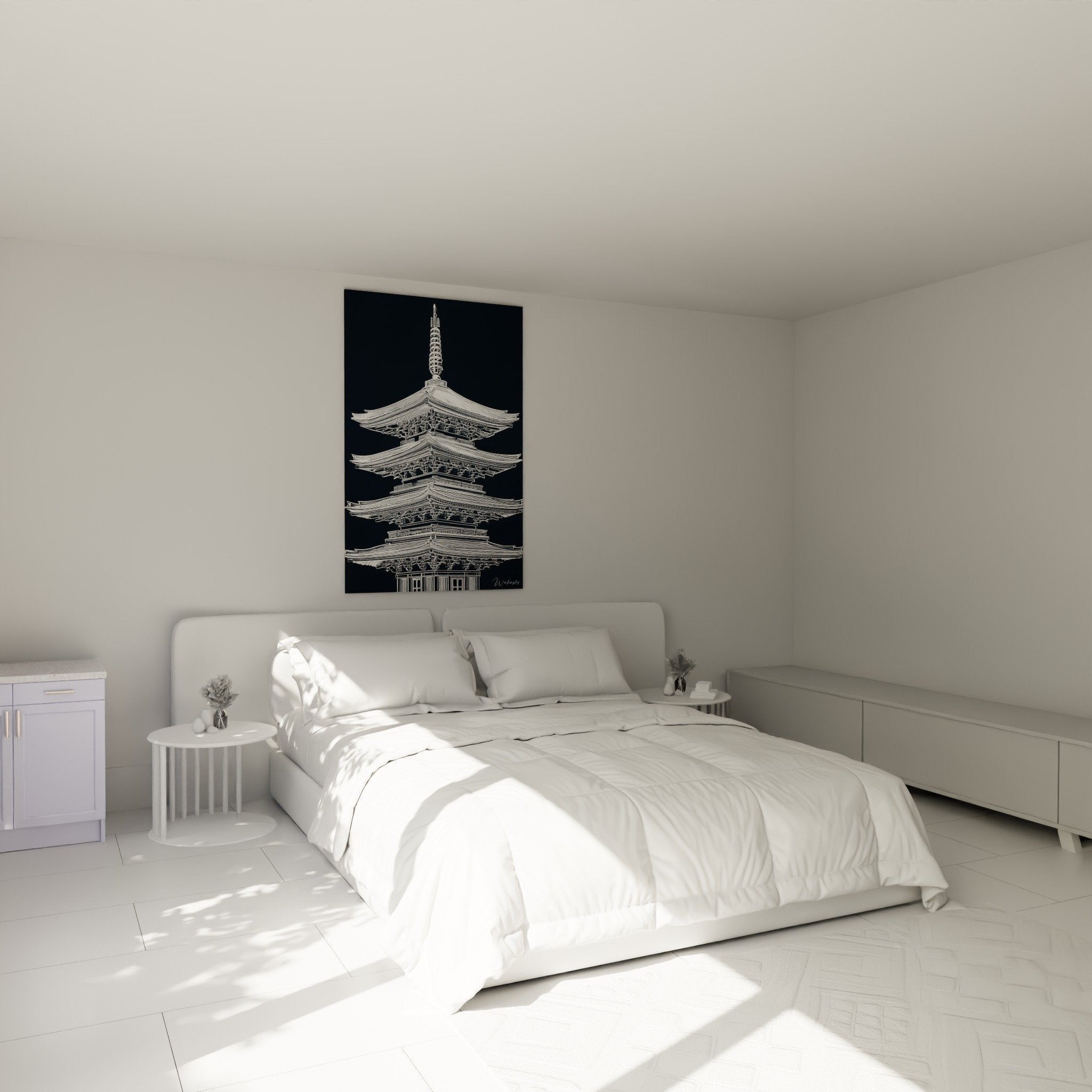 decoration murale pagode japonaise chambre ambiance zen bleu marine et blanc epure