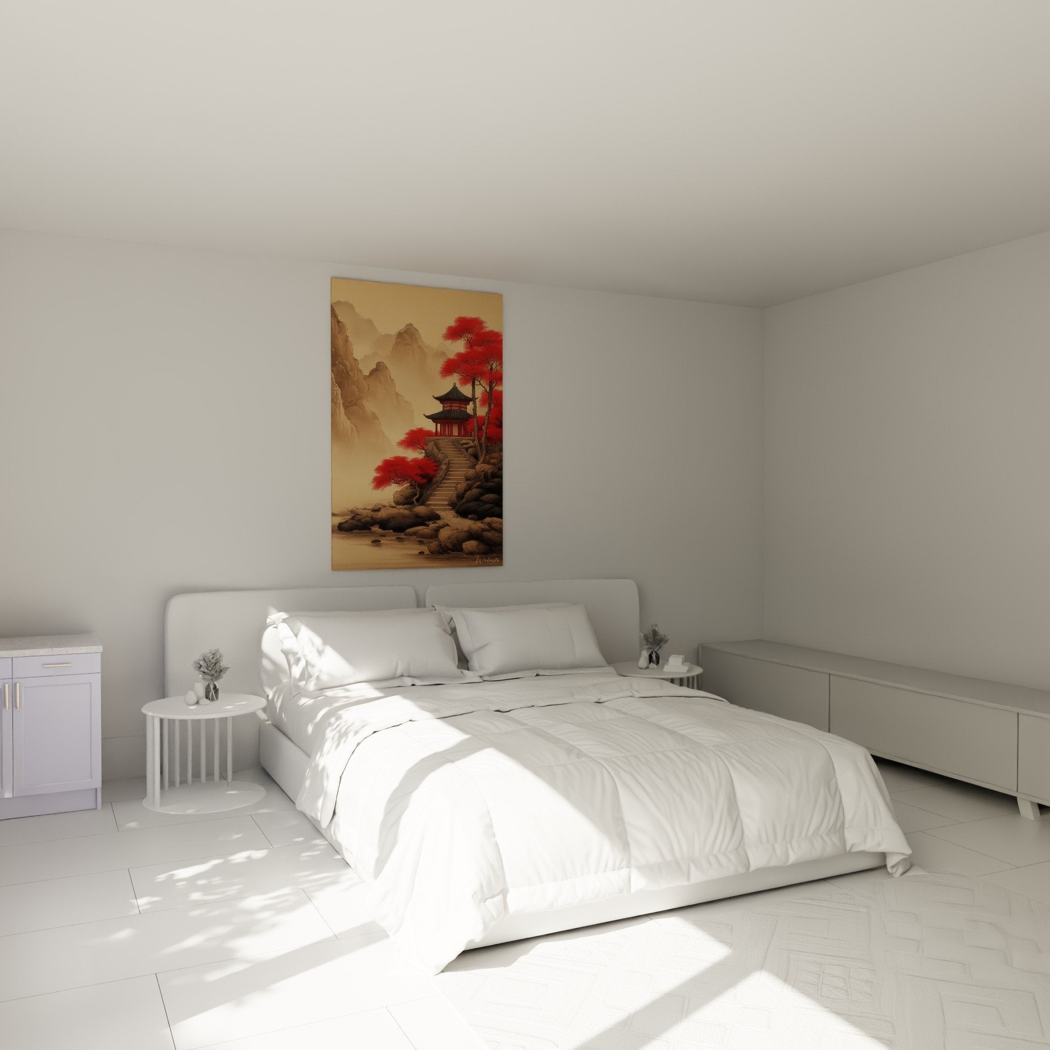 Tableau pagode japonaise rouge dans chambre moderne - Décoration murale zen brouillard doré