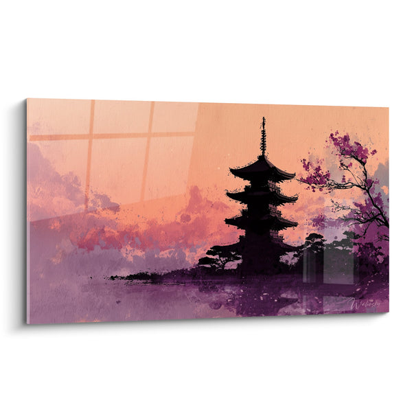 Pagodetabel Silhouet Zonsondergang Violet en Oranje - Japanse Sereneit - Pagode Editie