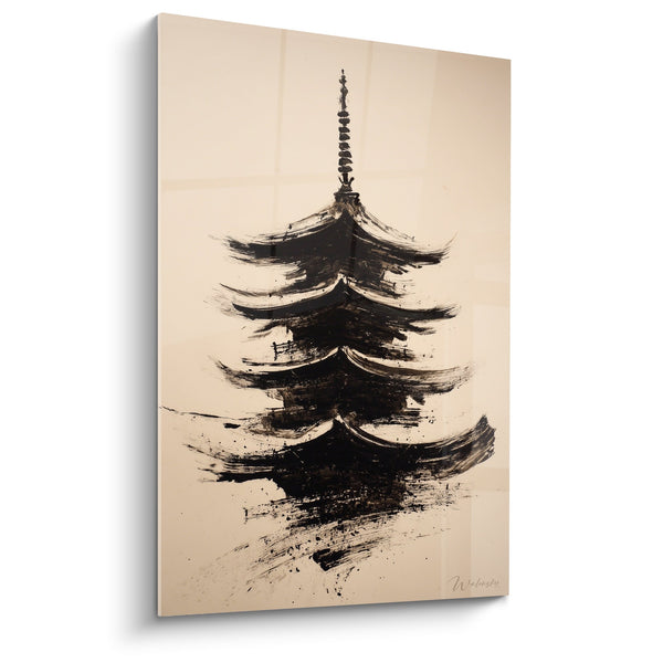 Black Pagoda Ink Wall Art on Beige Background - Zen Serenity - Pagoda Edition
