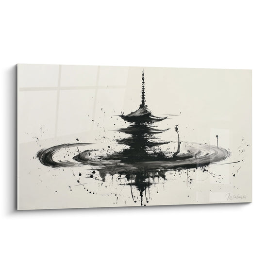 Japanese Architecture Painting Black Ink on Beige Background - Temple with Reflections - Pagoda Edition