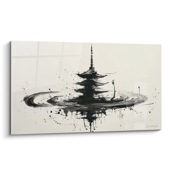 Cuadro Arquitectura Japonesa Tinta Negra Sobre Fondo Beige - Templo con Reflejos - Edición Pagoda