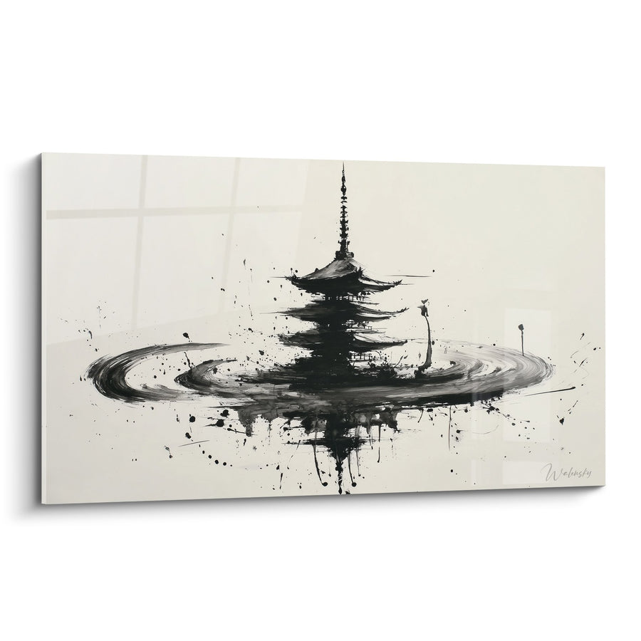 Tableau Architecture Japonaise Encre Noire sur Fond Beige - Temple aux Reflets - Edition Pagode