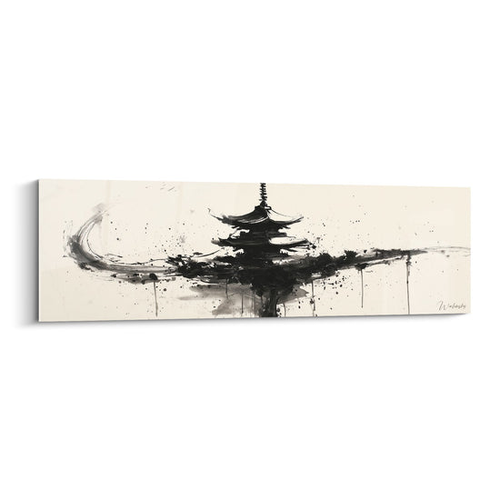 Black Pagoda Chinese Ink on Beige Canvas Wall Art - Architectural Storm - Pagoda Edition