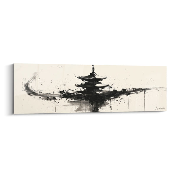 Schilderij Pagode Zwart Inkt op Beige Canvas - Architecturale Storm - Editie Pagode