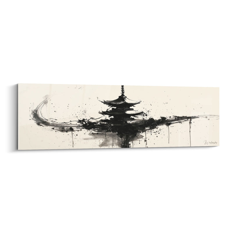 Black Pagoda Chinese Ink on Beige Canvas Wall Art - Architectural Storm - Pagoda Edition