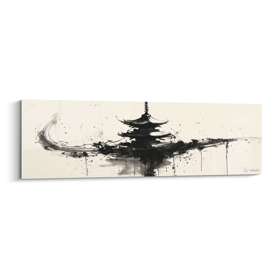 Tableau Pagode Noire Encre de Chine sur Toile Beige - Tempête Architecturale - Edition Pagode