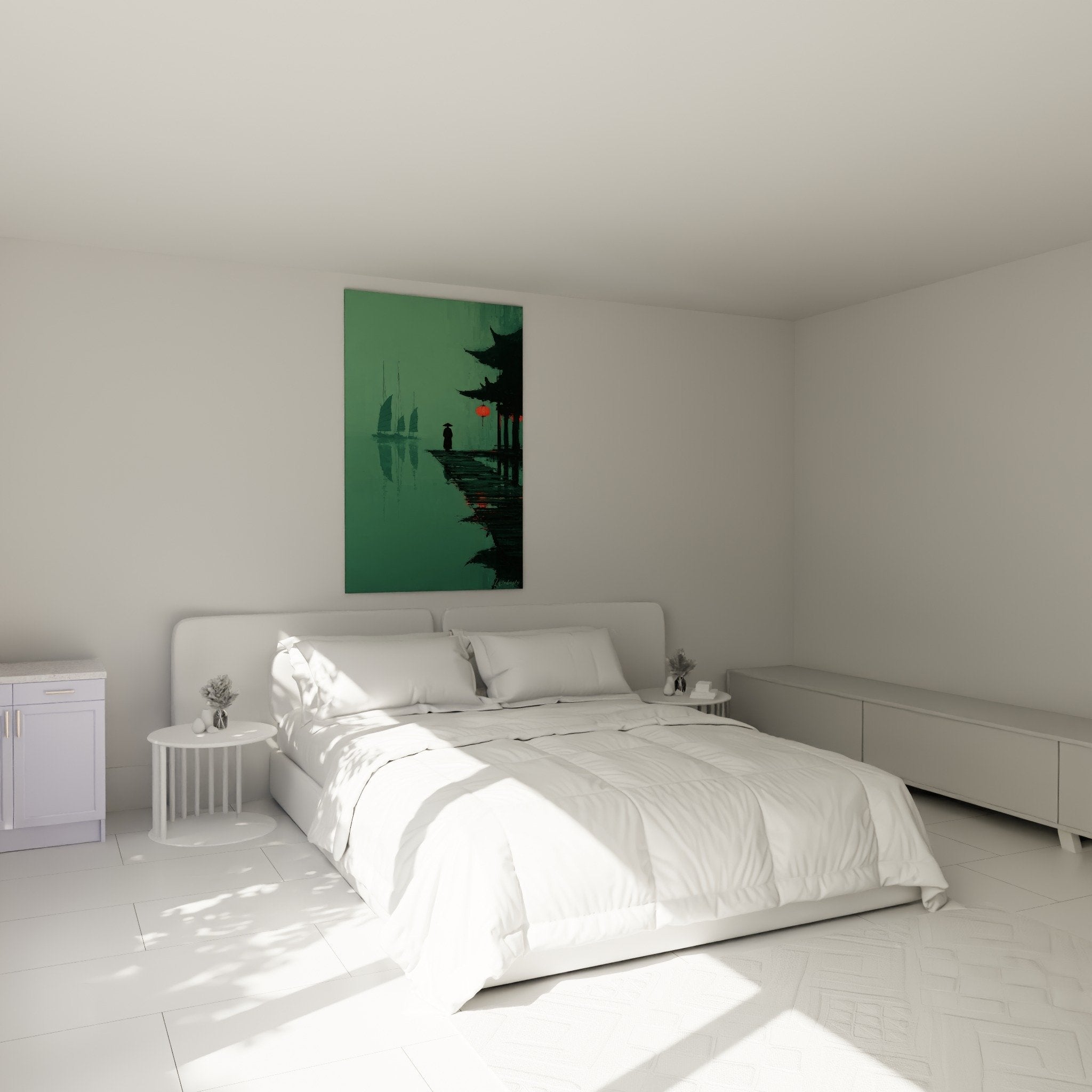 Misty pagoda wall art in jade tones hanging above bed in zen bedroom with Asian décor
