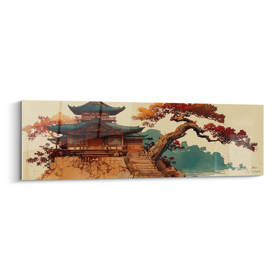 Traditional Pagoda Wall Art with Autumn Tones and Japanese Cherry Blossom - Zen Architecture - Pagoda Edition