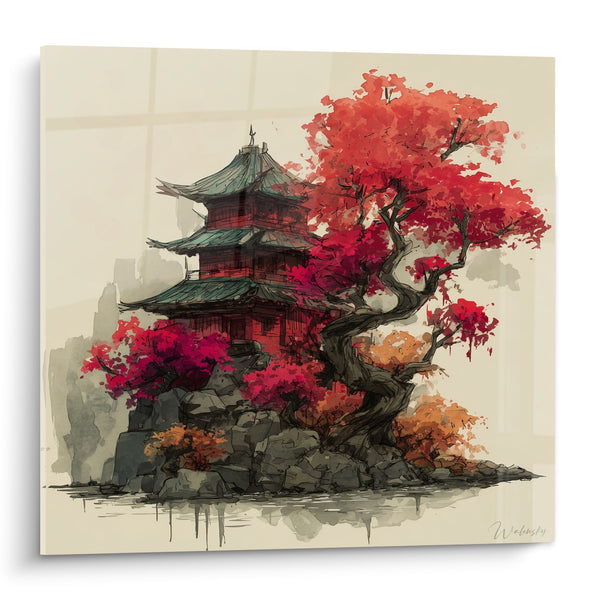Pagodetabel Japans met herfstkleuren en rode kersenbloesem - Tempel der Seizoenen - Pagode Editie