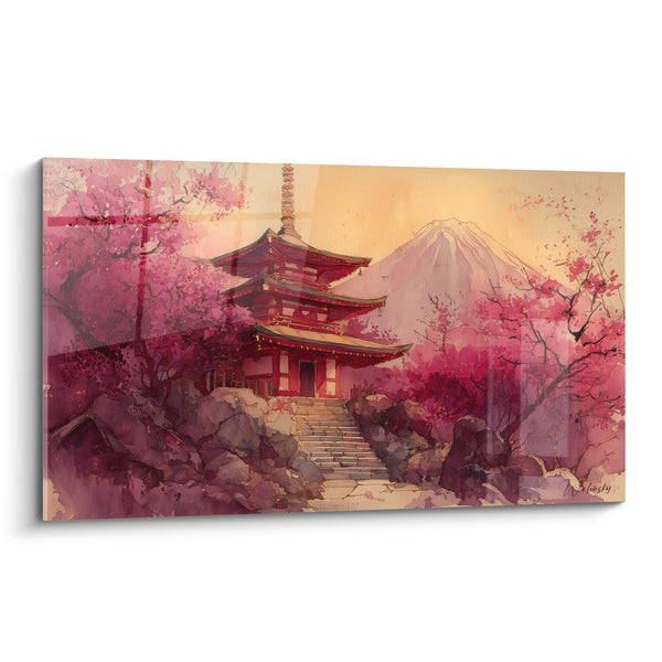 Tabel Japans tempel kersenroze berg Fuji gouden lucht - Nipponese sereniteit - Pagode Editie
