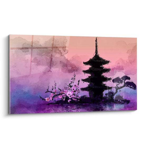 Japanese Architecture Painting Sunset in Pink and Violet - Oriental Serenity - Pagoda Edition