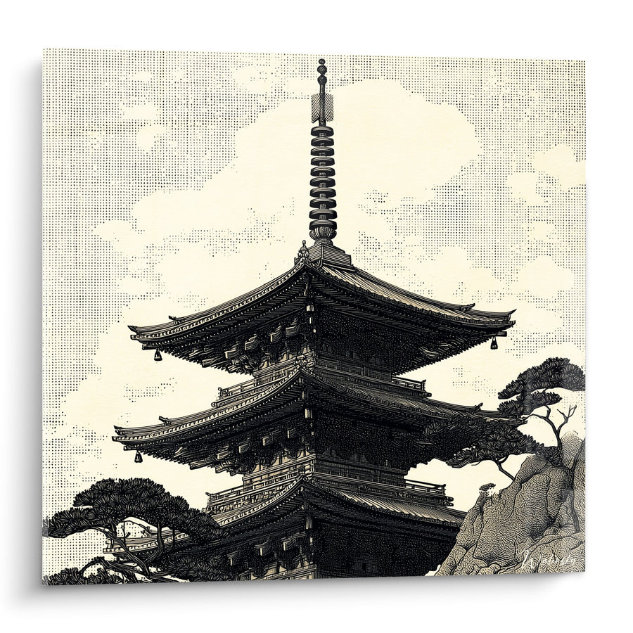 Tableau Architecture Temple Japonais Noir et Beige - Sérénité Orientale - Edition Pagode