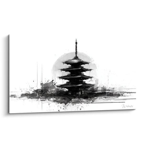 Japanische Pagoden-Kunstwerk in Schwarz-Weiß Aquarell-Stil mit Tintenspritzern auf weißem Hintergrund