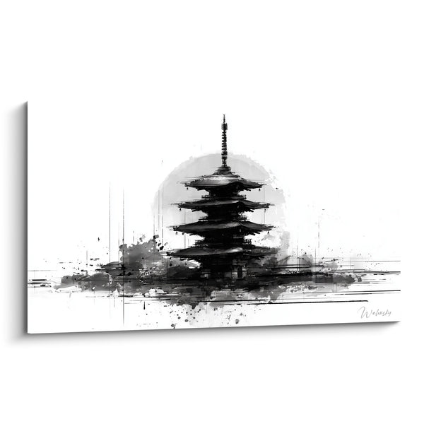 Tableau Pagode Japonaise Noir et Blanc Style Aquarelle - Architecture Zen - Edition Pagode