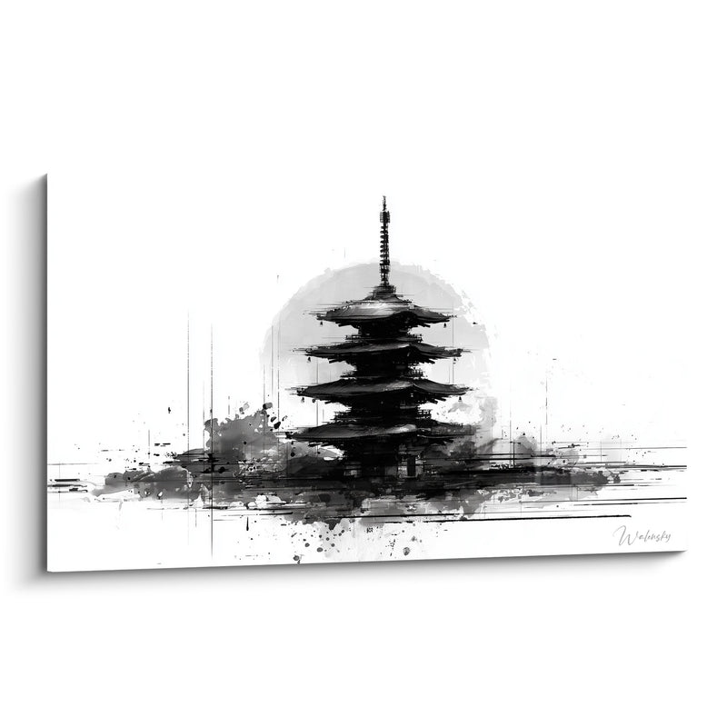 Tableau Pagode Japonaise Noir et Blanc Style Aquarelle - Architecture Zen - Edition Pagode