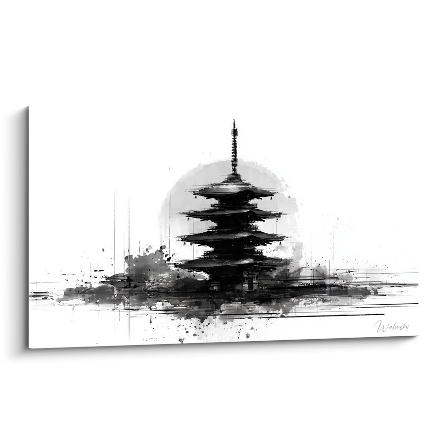 Tableau Pagode Japonaise Noir et Blanc Style Aquarelle - Architecture Zen - Edition Pagode