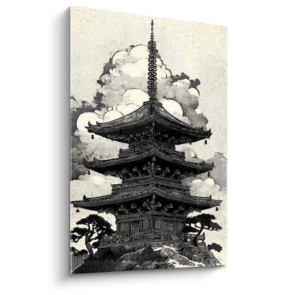 Schilderij Architectuur Traditioneel Zwart Wit - Tempel met Drie Daken - Pagode Editie