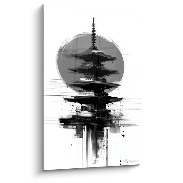 Cuadro blanco y negro de pagoda japonesa abstracta con círculo zen - Armonía Moderna - Edición Pagoda