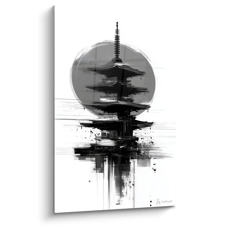 Black and White Abstract Japanese Pagoda with Zen Circle - Modern Harmony - Pagoda Edition