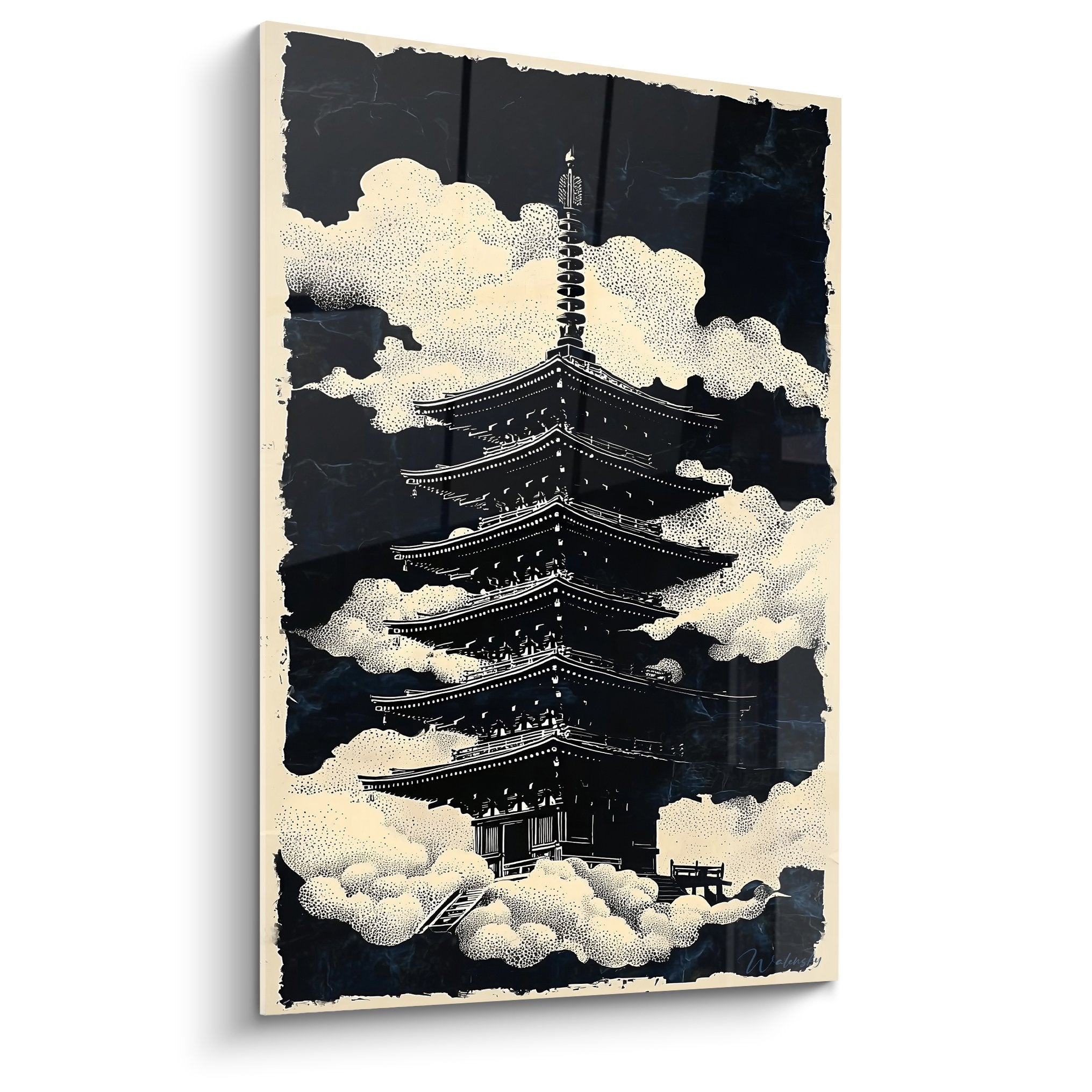 Traditional black pagoda painting on dotted beige clouds Japanese zen art five-tiered temple