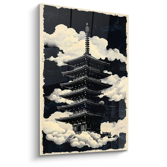 Traditionelles schwarzes Pagoden-Gemälde auf gepunkteten beigen Wolken japanische Zen-Kunst fünfstöckiger Tempel