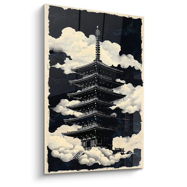 Tableau Temple Traditionnel Noir et Beige sur Nuages Pointillés - Sérénité Mystique - Edition Pagode