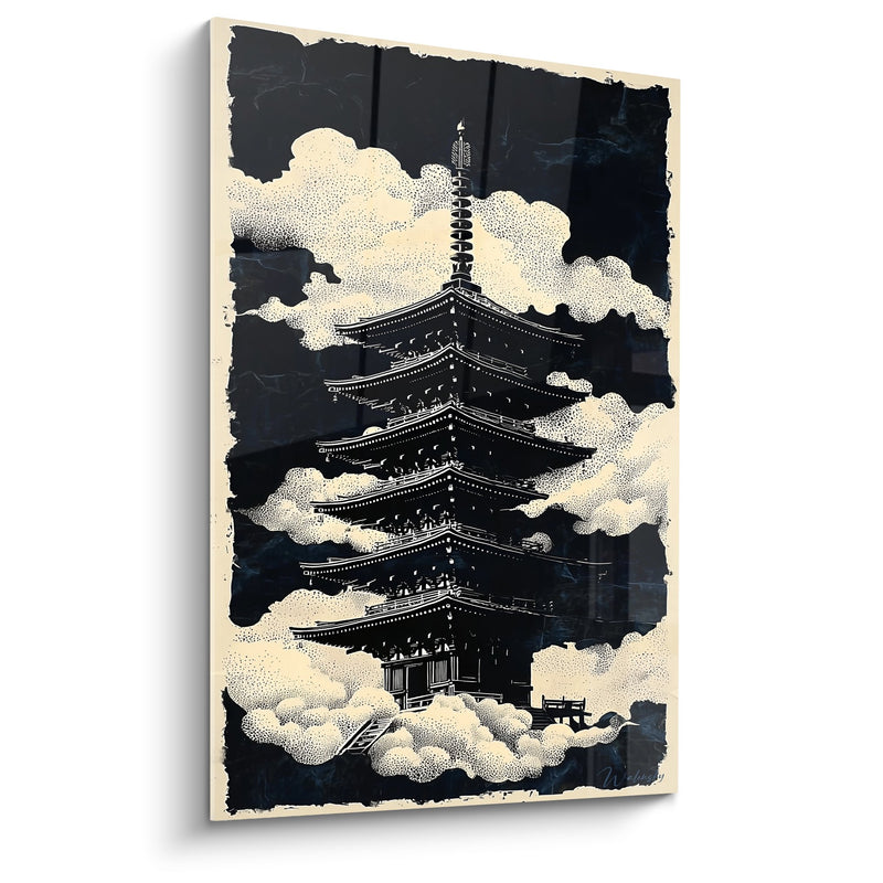 Traditional Black and Beige Temple Wall Art on Dotted Clouds - Mystical Serenity - Pagoda Edition