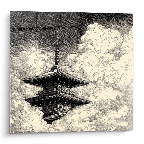 Schilderij Japans Tempel in de Wolken Zwart Wit Gravure - Hemelse Kalmte - Pagode Editie
