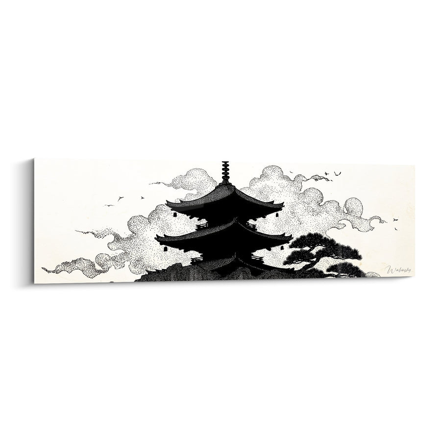 Tableau Pagode Japonaise Silhouette Noire et Nuages Pointillés - Zen Mystique - Edition Pagode