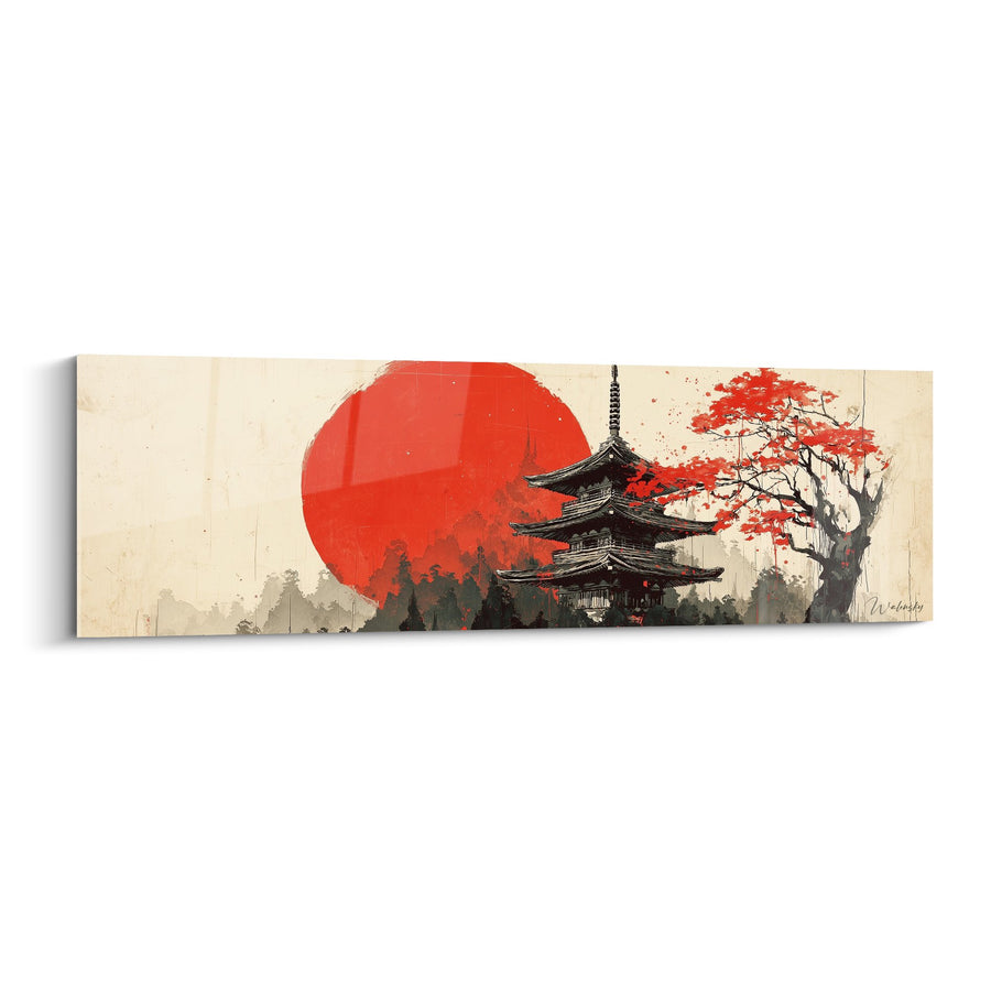 Tableau Pagode Japonaise Soleil Rouge et Cerisier en Fleurs - Harmonie Zen - Edition Pagode