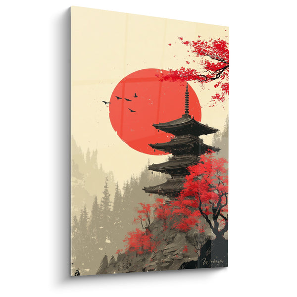 Cuadro Pagode Japonesa Sol Rojo y Cerezos en Flor - Serenidad Nipona - Edición Pagode