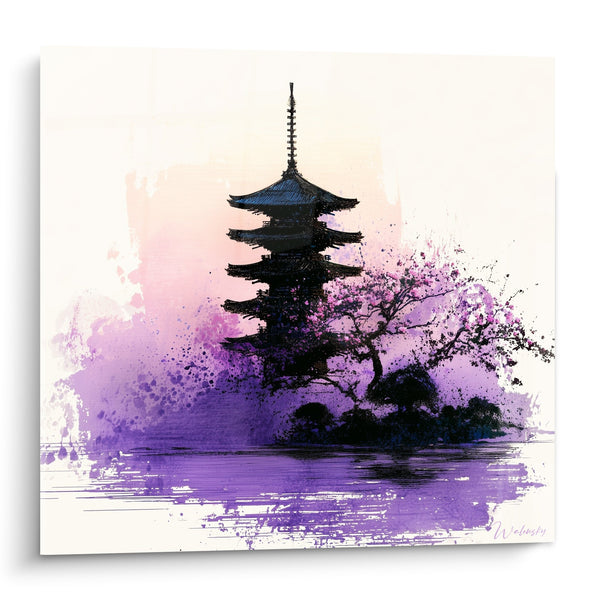Schilderij Pagode Japanse Tinten Violet en Roze - Oosterse Sereneit - Editie Pagode