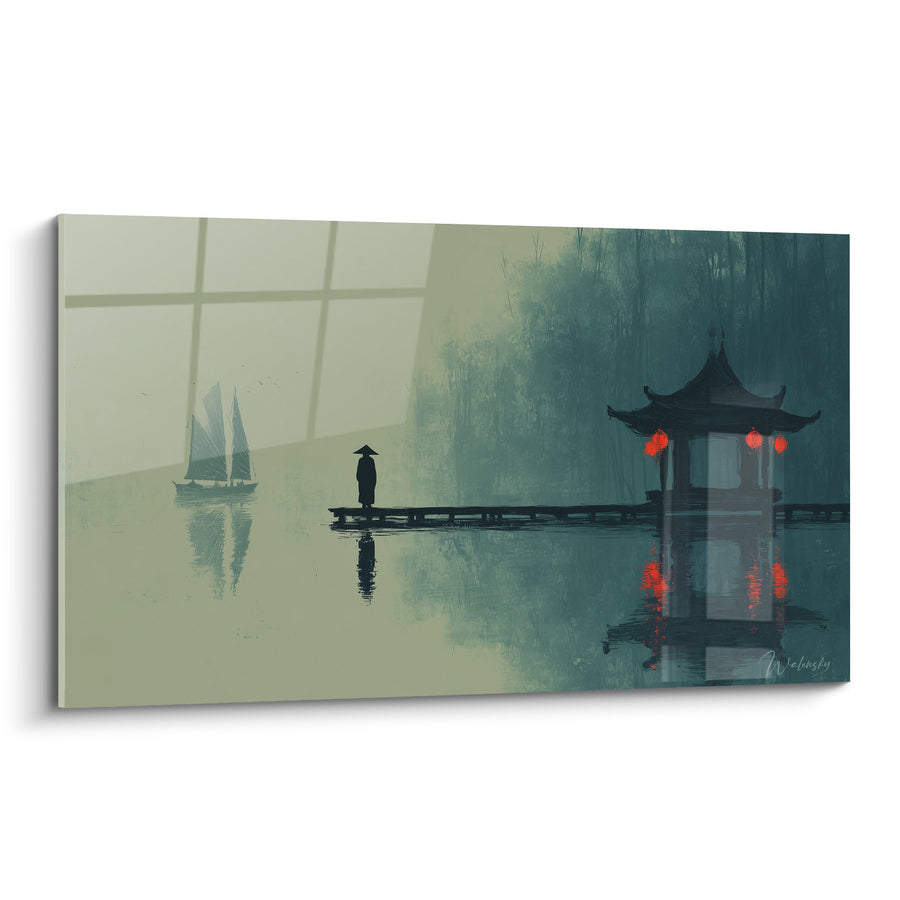 Tableau Pagode Illuminée sur Lac Brumeux avec Silhouette et Jonque - Sérénité Asiatique - Edition Pagode