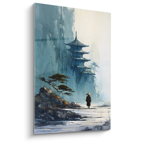 Schilderij Monnik en Traditioneel Tempel in Blauwe Mist - Oosterse Serene - Pagode Editie