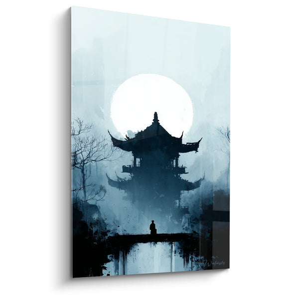 Tableau temple brumeux silhouette solitaire pleine lune - Sérénité Mystique - Edition Pagode