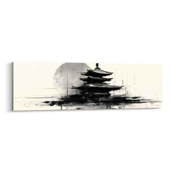 Schilderij Aziatische Tempel Zwart Wit Chinese Inkt - Architecturale Serene - Pagode Editie