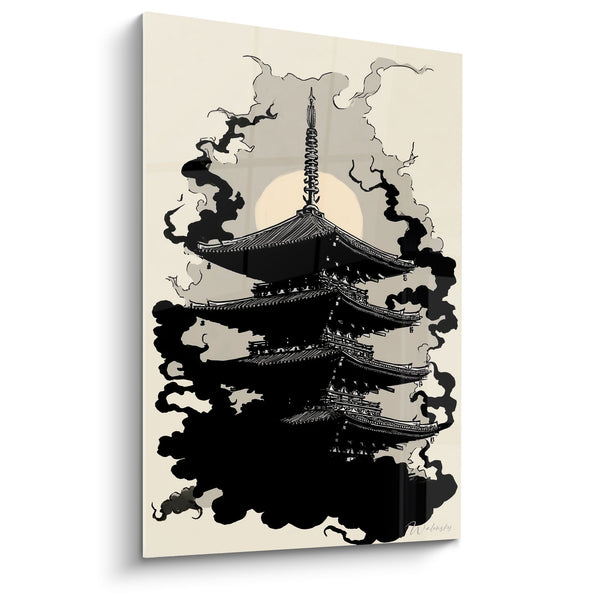 Pagodetableau Zwart met Golvende Rook op Beige Achtergrond - Tempel van Sereniteit - Pagode Editie