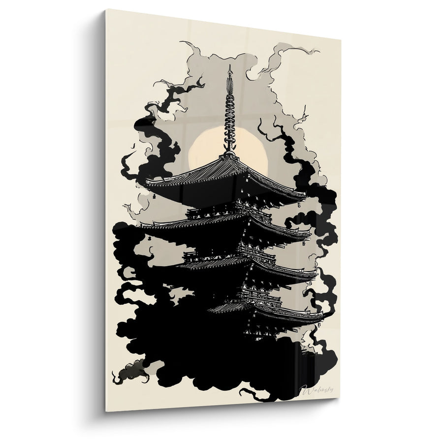Schwarze Pagode mit fließenden Nebelschwaden auf Beigegrund - Tempel der Ruhe - Pagoden-Edition
