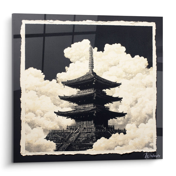 Pagodetabel architectonisch zwart-wit met crèmewolken en een trapbasis - Zen Elevatie - Pagode Editie