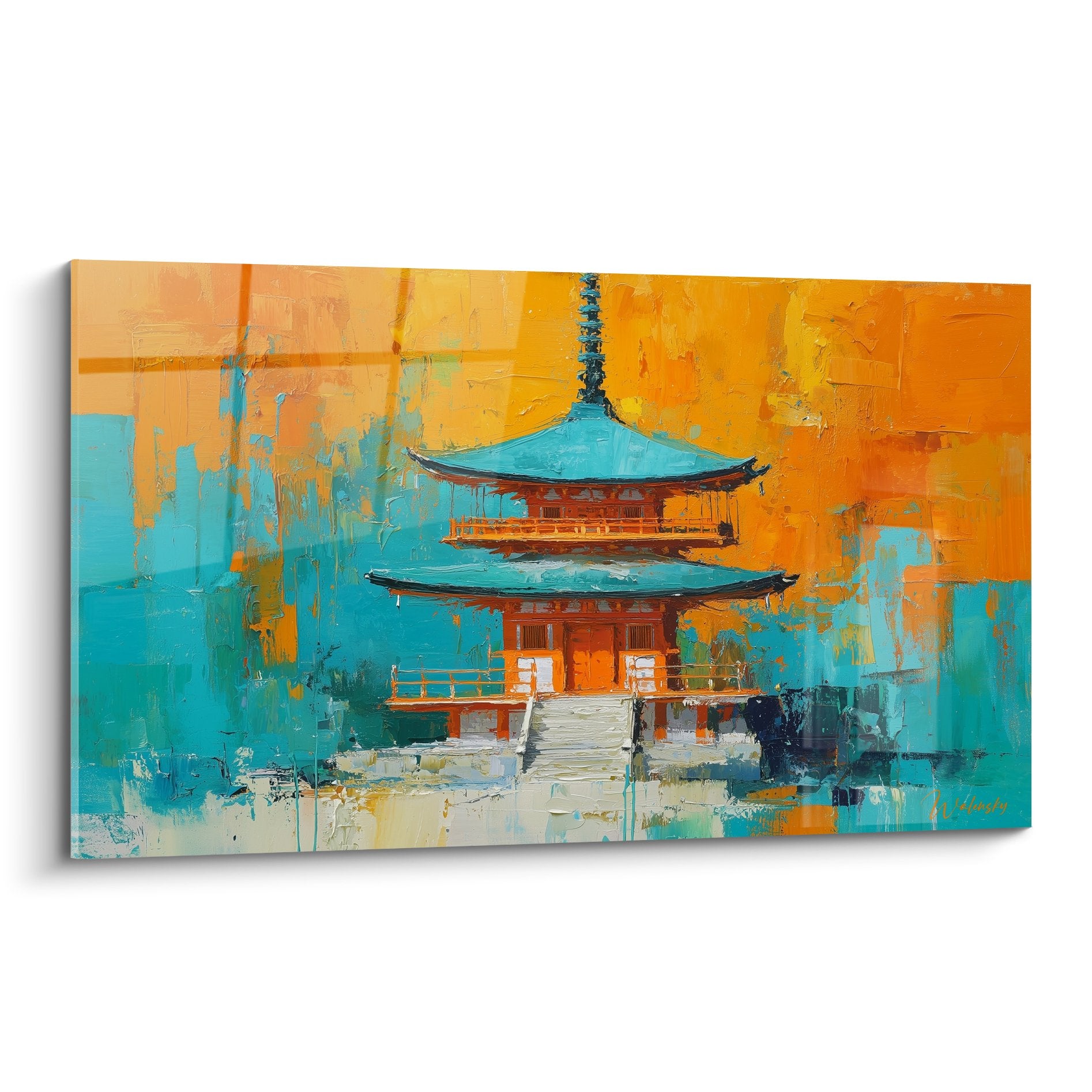 Tableau pagode traditionnelle orange turquoise style abstrait architecture asiatique moderne zen