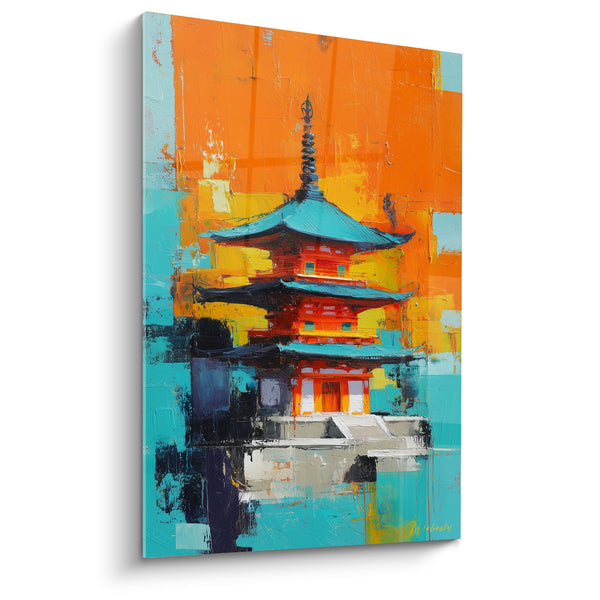 Schilderij Traditionele Pagode met Levendige Oranje, Turquoise en Karmozijnrode Kleuren - Schitterende Tempel - Pagode Editie