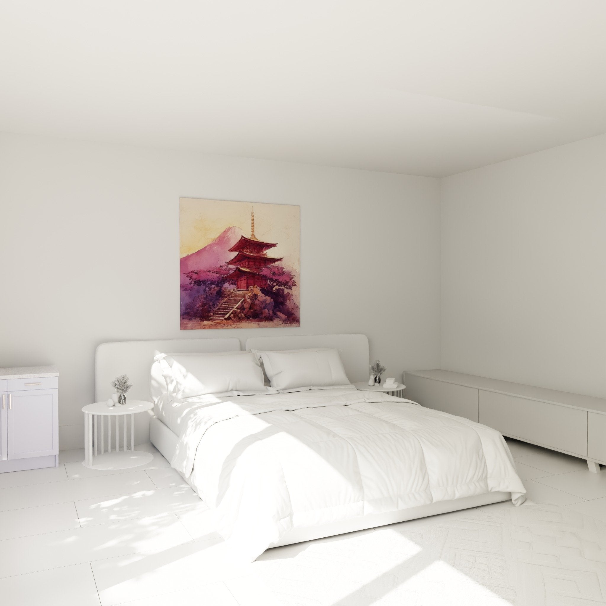 Pink purple pagoda wall art bedroom zen Japanese decoration Mount Fuji cherry blossoms calming atmosphere