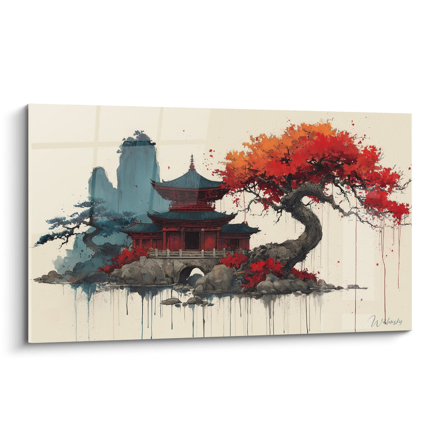 Tableau Pagode Rouge et Bleu avec Cerisier en Fleurs - Harmonie Zen - Edition Pagode