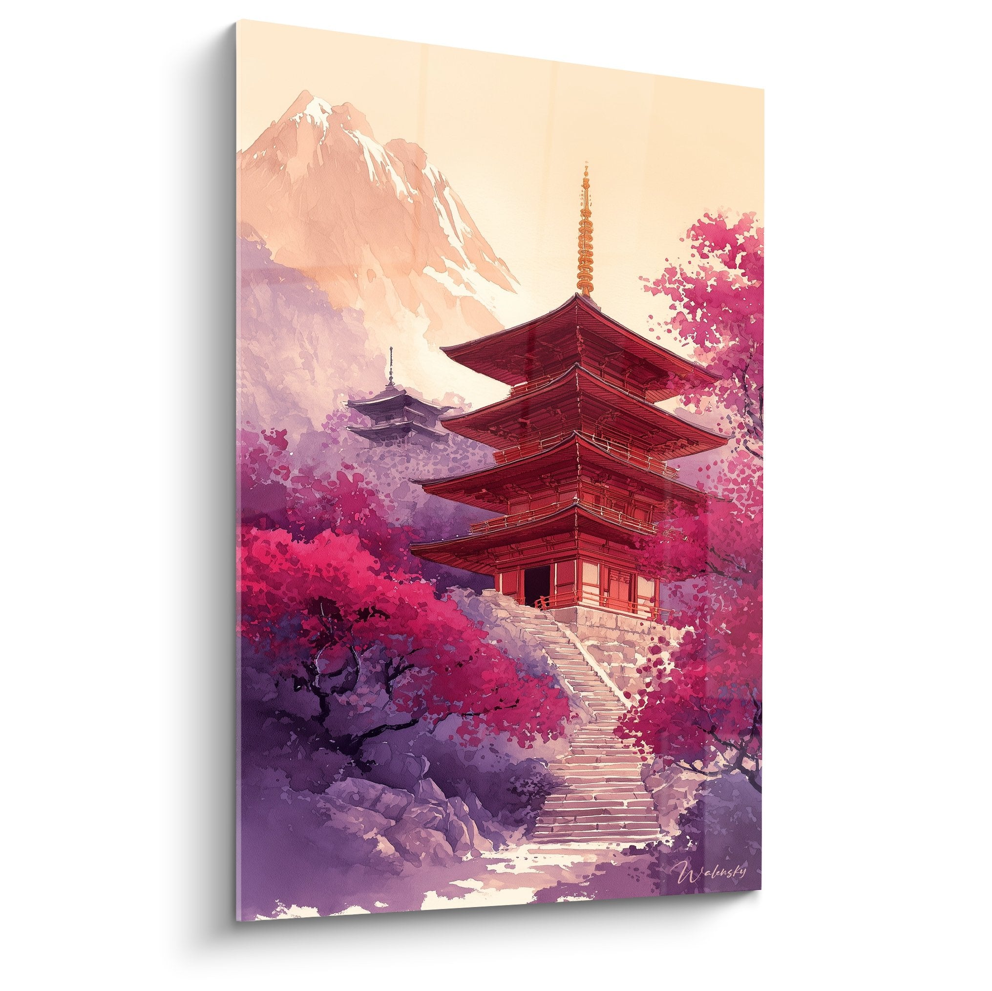 Japanese red pagoda painting cherry blossoms pink purple Mount Fuji stone stairs zen spring atmosphere sakura