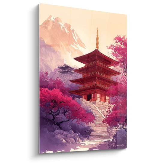 Tableau pagode rouge japonaise cerisiers roses violets Mont Fuji escalier pierre ambiance zen printemps sakura
