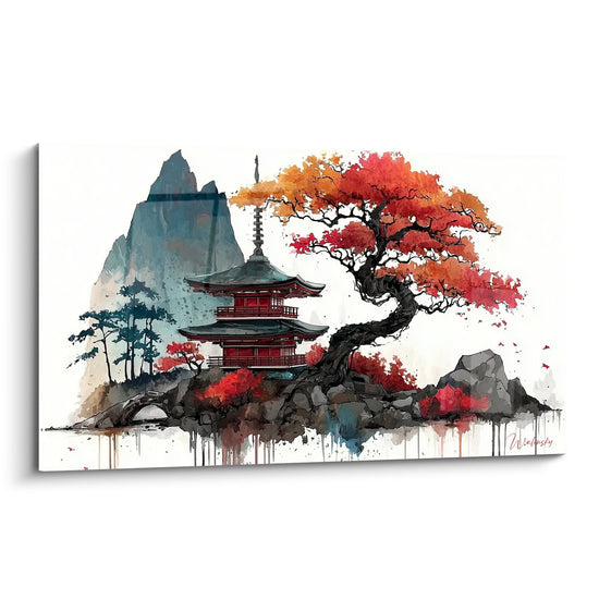 Burgundy Red Pagoda and Flaming Japanese Maple in Mountainous Landscape - Autumn Harmony - Pagoda Edition