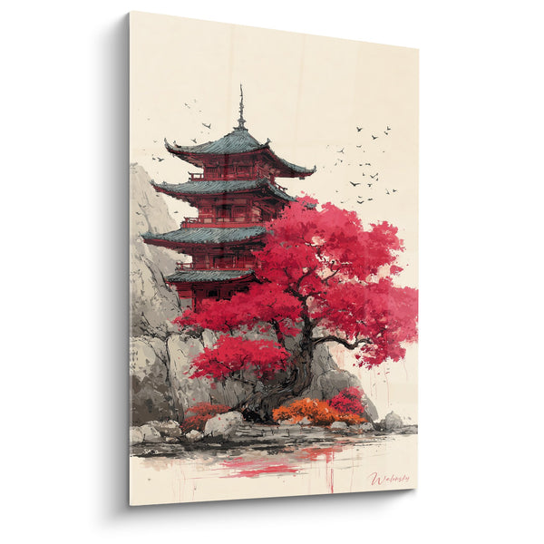 Schilderij Pagode Saffier met Vlammende Esdoorns onder Zwerm van Vogels - Zen Tuin Herfst - Editie Pagode