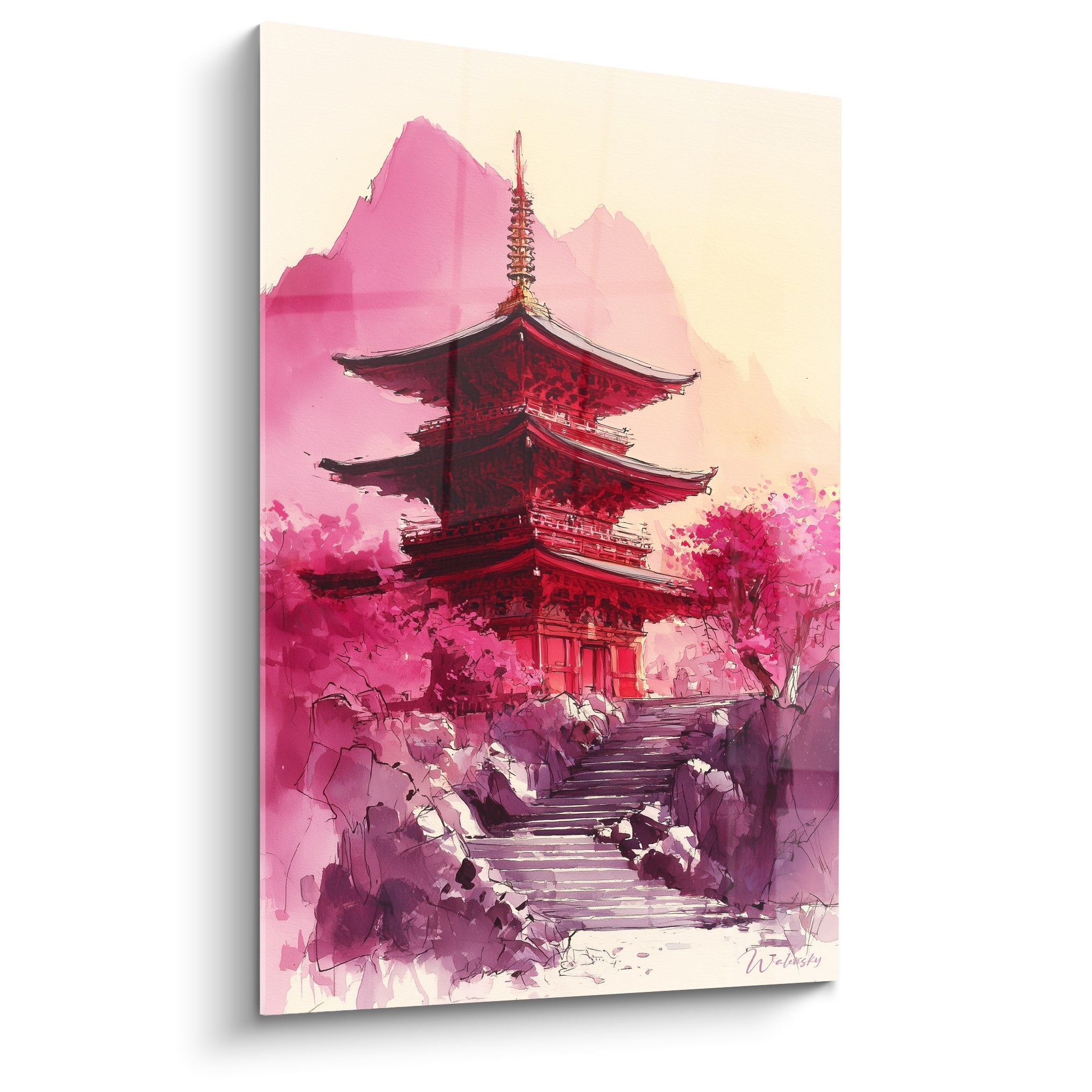 Tableau pagode rouge à cinq étages dans paysage montagneux rose avec escaliers de pierre - Art oriental aquarelle